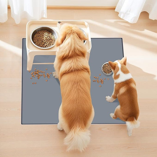 Finorder 23.6"x23.6" 100% Silicone Pet Feeding Mat, Higher Raised Edges and Slip Resistant Pet Food and Water Bowl Mat, Waterproof Pet Food Placemat Silicone Tray, Dishwasher Safe (Grey)