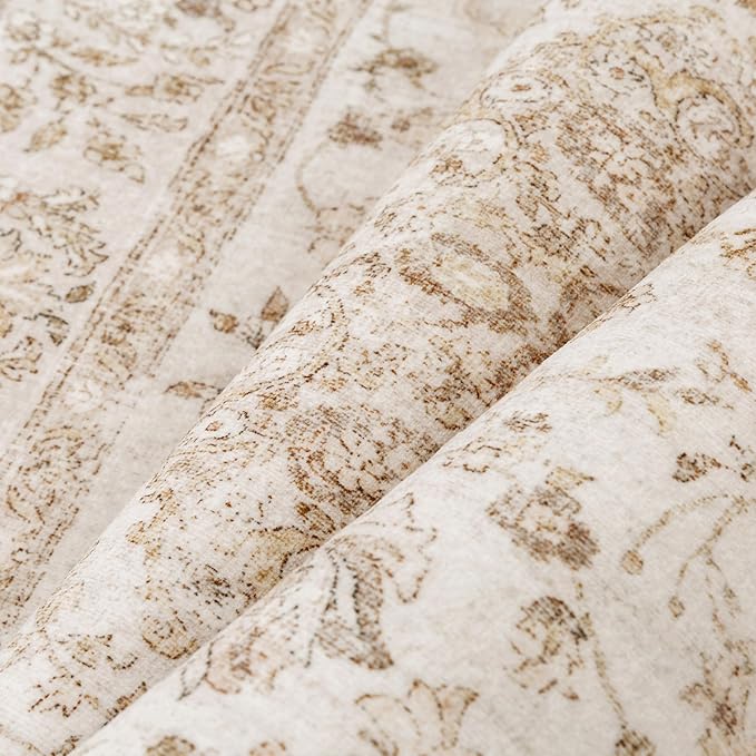 5x7 Beige Area Rug Washable Living Room Vintage Carpet Bedroom Distressed Non Slip Low Pile Thin Dining Room Office Medallion Accent Throw Rug
