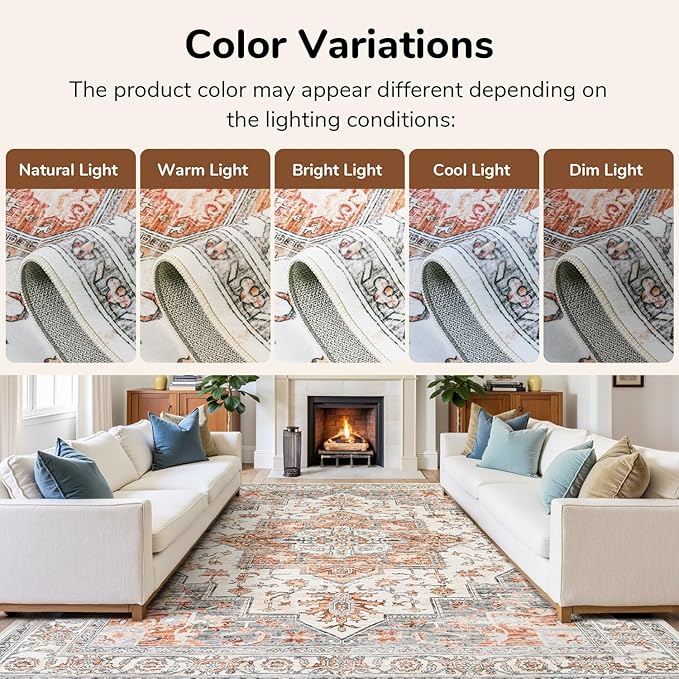 Lessymo 8×10 Area Rugs Washable for Living Room, Large Soft Indoor Rug Non-Slip for Bedroom Kitchen Dining Room Dorm Nursery, Vintage Boho Carpet Stain Resistant for Office Home Decor, Orange/White