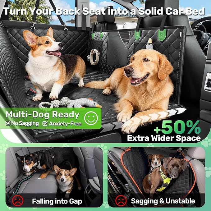 Zanch Heavy-Duty Dog Car Seat Cover, Flat Solid Back Seat Extender for Multi Large Dogs, Hard-Base Supports 450 lb, Waterproof Scratchproof Hammock Protector, Standard for Cars, SUV, Trucks, Green