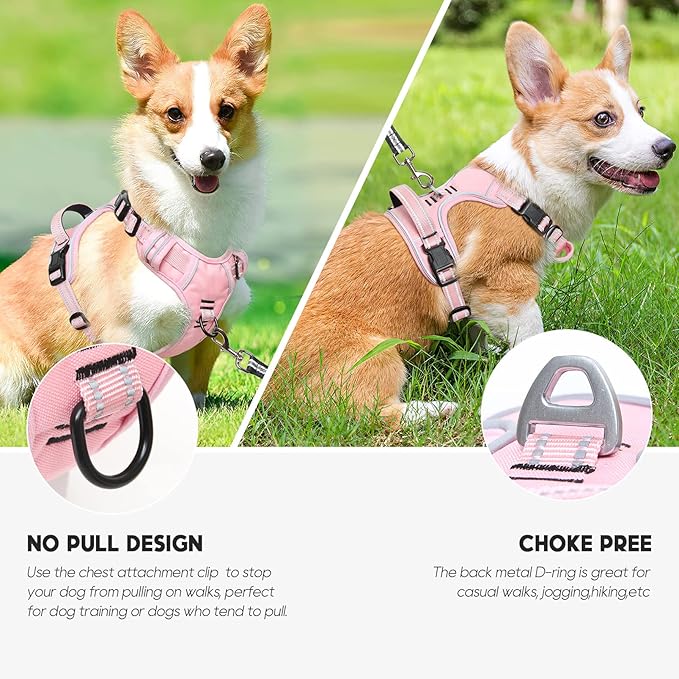 Timos Dog Harness, 3 Snap Buckles No-Pull Soft Padded Dog Vest with 2 Metal Leash Clips, Adjustable Reflective No Choke Pet Harness with Easy Control Handle for X-Small Dogs,Pale Pink,XS
