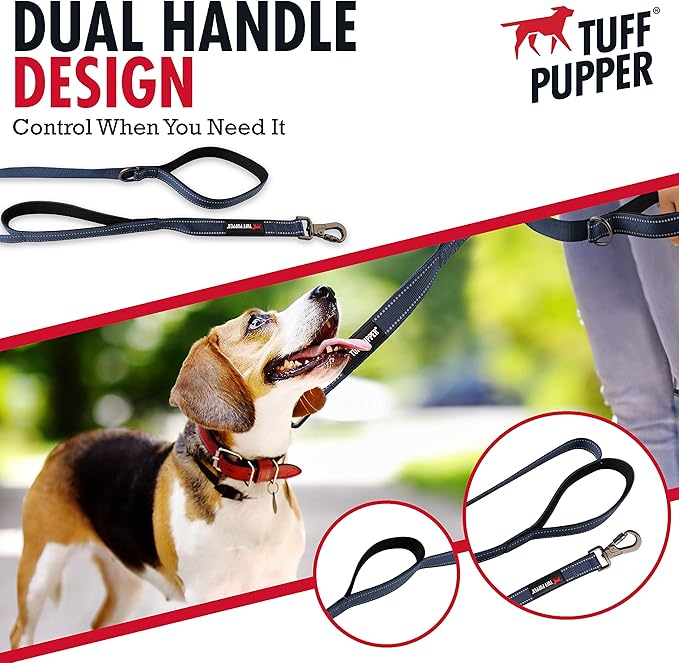 Tuff Pupper Heavy Duty Double Handle Leash | Twist Locking Carabiner Clip | Safety Lock for Strong Dogs | Reflective for Safe Night Walks | 6 Foot Leash | For Medium & Large Dogs