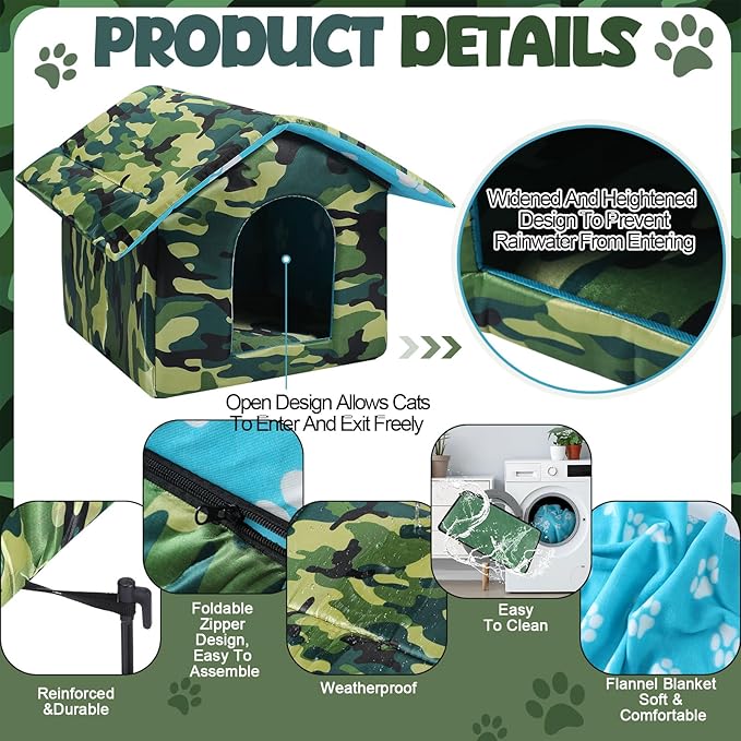 18" x 17" x 16" Outdoor Cat House for Winter Weatherproof Feral Pet Shelter for Cats Dog Collapsible Green Camouflage Pet House Outside with Self Warming Pad Blanket 3 Tent Stake(L Size)