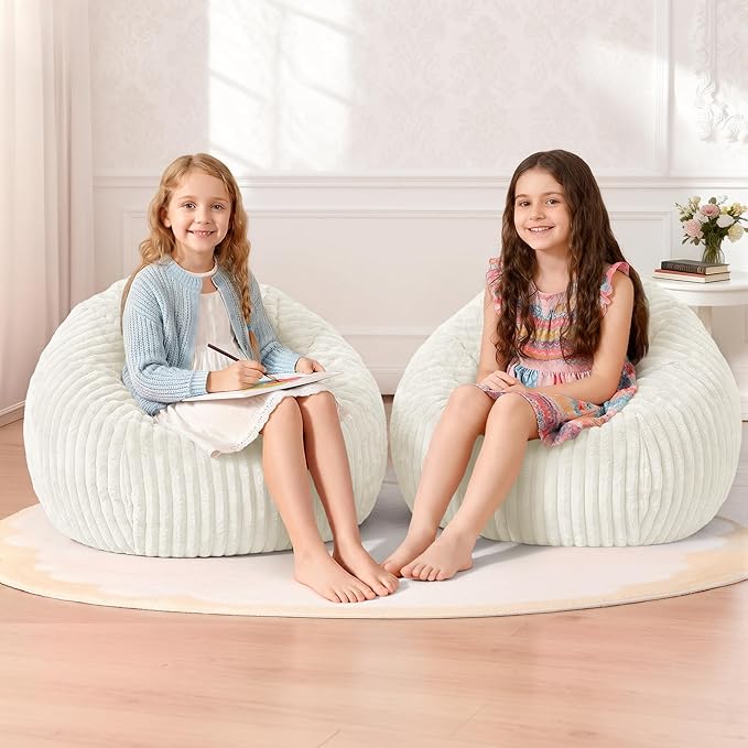 Homguava 2Pcs of 2FT Bean Bag Chair, 2' Small Bean Bags with Memory Foam Filled, Beanbag Chairs with Machine Washable Cover Dutch Corded Plush Cover for Classroom,Living Room,Bedroom-White
