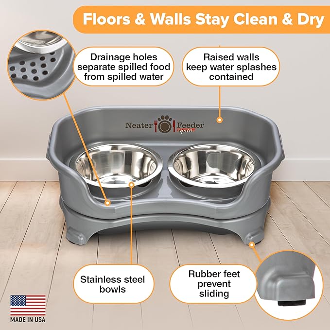 Neater Feeder Express Mess Proof Dog Bowls Elevated for Small Breeds Under 15 Lb, Made in USA, No Spill Raised Dog Food Bowl Stand, Stainless Steel Food and Water Bowl Set, Feeding Station, Grey
