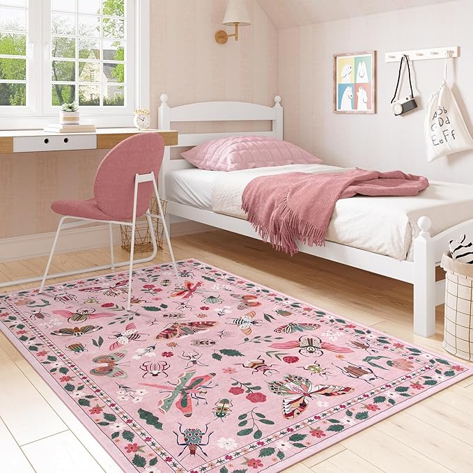 Lahome Insect Machine Washable Rugs 5x7, Soft Modern Pink Rugs for Bedroom Girls Living Room, Non Slip Ultra-Thin Stain Resistant Accent Carpet for Dining Room Nursery(5'x7',Pink)