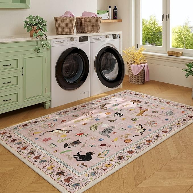 Rugcomf Bedroom Rug 3x5 Rug Washable Area Rug Non Slip Low Pile Boho Floral Animal Cat Small Carpet for Bedroom Bedside Kitchen Entryway Kids Room Office College Dorm Essentials for Girls, Pink