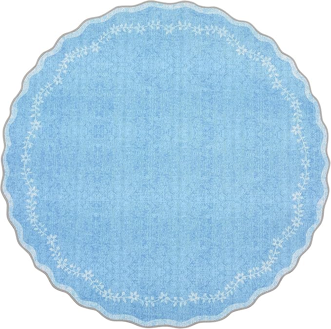 GarveeHome Round Area Rugs 6ft for Bedroom, Solid Blue Washable Circle Rug Soft Non Slip Floral Print Floor Mat Leaves Carpet Indoor Thin Rug for Living Room Dining Room Playroom Nursery