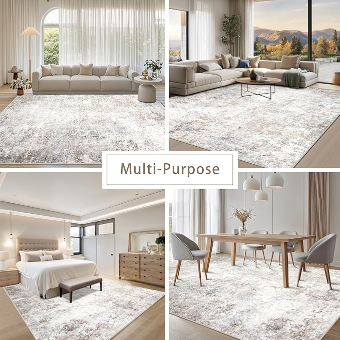 Washable Rugs 8x10 Area Rugs for Living Room,Modern Abstract Rugs for Bedroom,Large Carpets,Ultra Soft Faux Wool Retro Dining Room Rug,Non Slip&Non-Shedding Low Pile Print Rug- Beige Grey