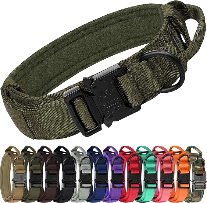 Joytale Tactical Dog Collar with Handle, Adjustable Heavy Duty Military Collar with 2 Patches for Training, Suitable for Large Dogs, ArmyGreen, L