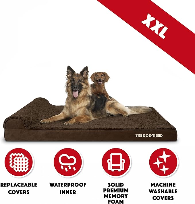 The Dog’s Bed Orthopedic Memory Foam Dog Bed with Headrest, Plush Fabric, Brown Plush, XXL, 4-Inch