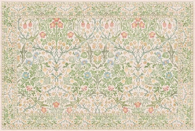 Washable Entry Rug - Front Door Rugs Indoor, Non-Slip Bathroom Small Rugs, Vintage Floral Style Rug for Kitchen, Perfect for Entryway Décor (2x3 Beige Green)