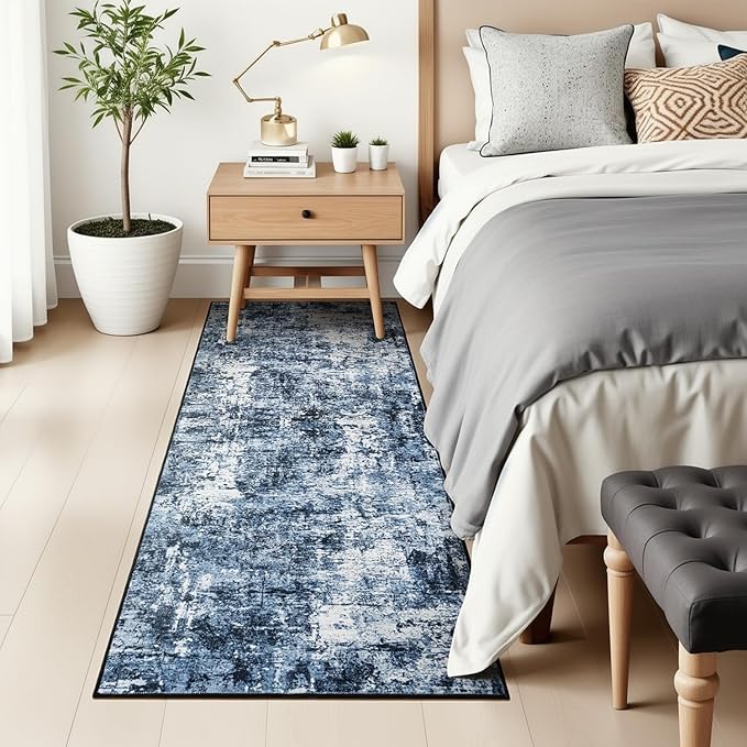 Rugflix 2x6 Runner Rug for Entryway, Kitchen Rugs Soft Non-Slip Washable Runners for Hallway, Abstract Small Carpet with Non-Slip Rubber for Bedroom, Living Room, Navy Blue/Black