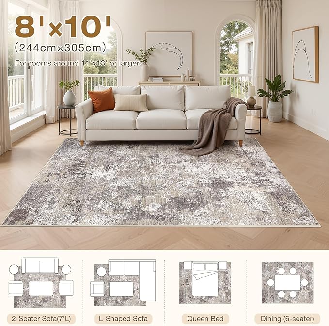 8x10 Area Rugs for Living Room：Washable Rug Abstract Modern Neutral Large Soft Stain Resistant Non-Slip Backing Machine Table for Bedroom Dining Room Indoor Home Office Carpet - Light Brown
