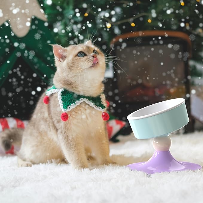 Ceramic Elevated Raised Cat Bowls,3 Heights Adjustable Raised Dog Bowl Stand for Indoor Cats and Small Dogs,15° Tilted Cat Food Feeding Dishes，Adjusts to 4.69", 5.98", 7.28" (Pink & White)