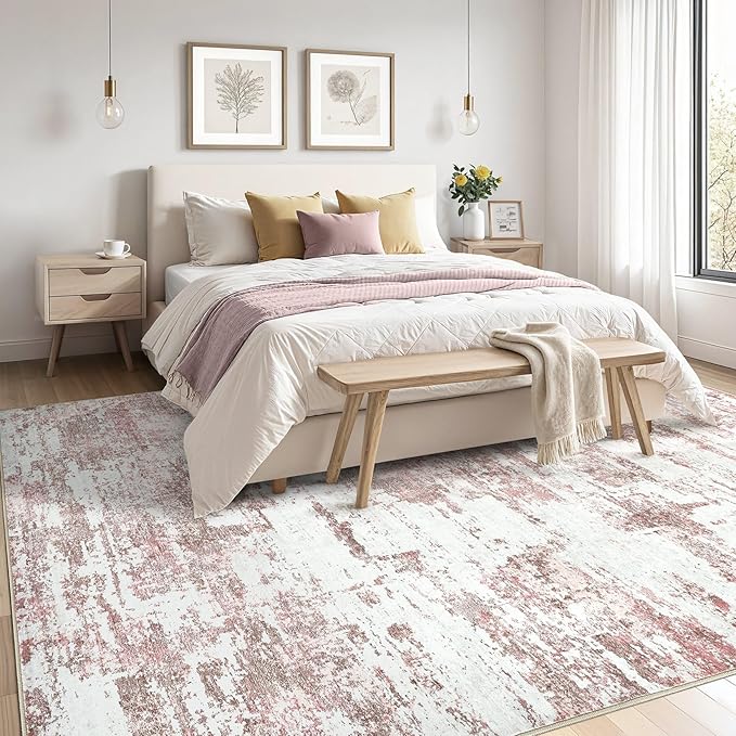Area Rugs for Living Room: 10x12 Abstract Washable Rug Large Soft Stain Resistant Non-Slip Backing for Bedroom Dining Room Indoor Home Office Carpet for Kids Pet Friendly Families - Pink