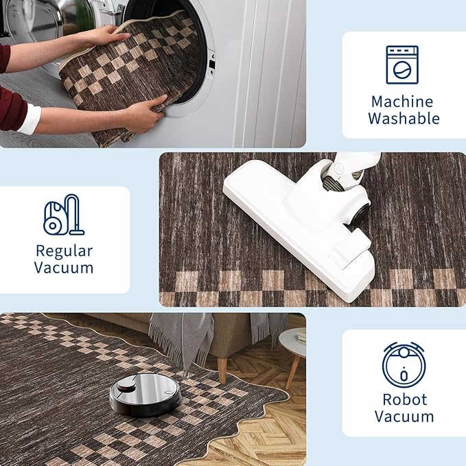 GarveeHome Washable Rug 5x7 for Living Room Large Bedroom Scalloped Rug Non Slip Stain Resistant Modern Border Throw Carpet Soft Boho Rug for Dining Room Nursery Home Office, Brown