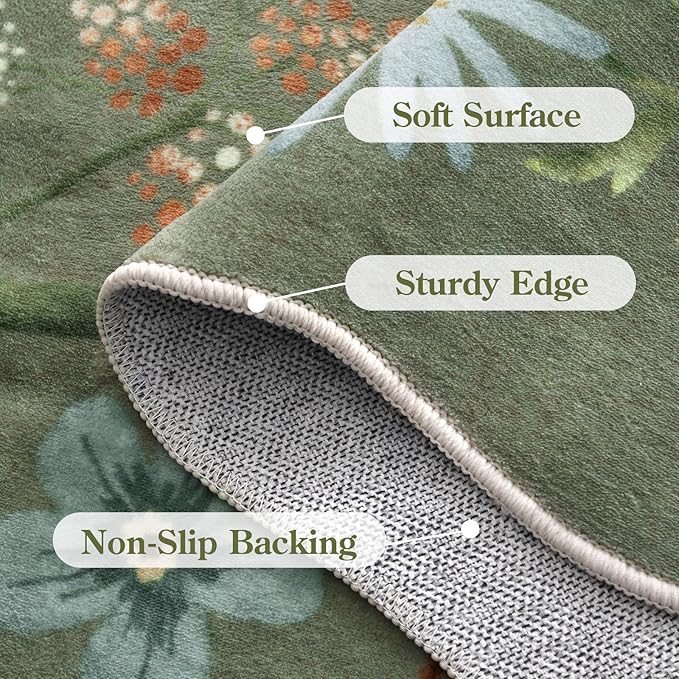 Lahome Floral Washable Round Area Rug, Round Rug 5ft Soft Non-Slip, Non-Shedding Boho Circle Carpet for Bedroom Living Room Bathroom Nursery Kitchen, Green