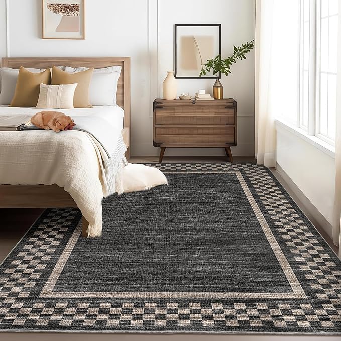Small Bedroom Area Rug 3x5 Checkered Area Rug for Living Room Nursery Non Slip Kitchen Throw Carpet Low Pile Modern Bordered Rugs Washable Bathroom Mat Soft Brown Rugs for Laundry Entryway, Black