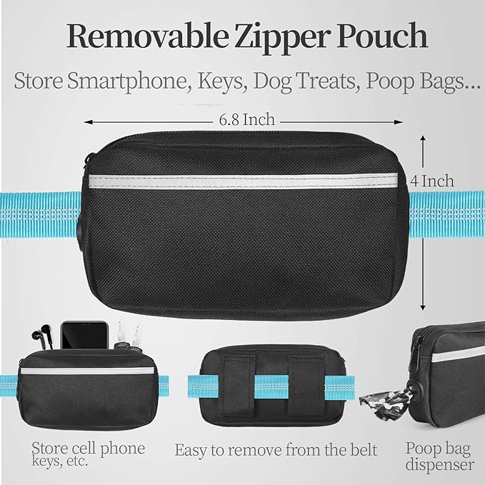iYoShop Hands Free Dog Leash with Zipper Pouch, Dual Padded Handles and Durable Bungee for Walking, Jogging and Running Your Dog (Large, 25-120 lbs, Blue)