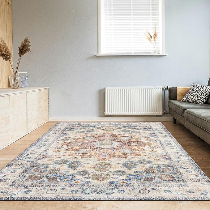 Area Rug 5횞7, Vintage Boho Rug,Ultra-Soft Low Pile, Washable, Non Slip,Stain Resistant Printed Carpet for Living Room Bedrooms Playroom Office Kitchen, Blue/Red