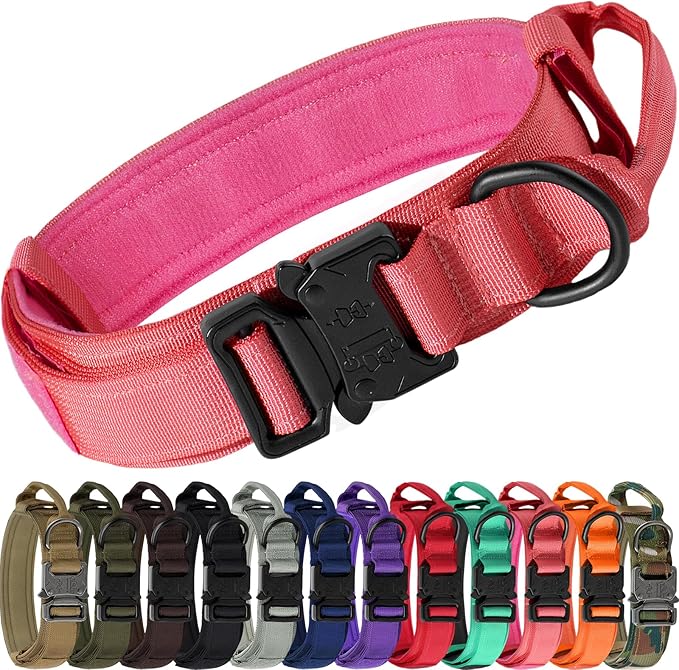 Joytale Tactical Dog Collar with Handle, Adjustable Heavy Duty Military Collar with 2 Patches for Training, Suitable for XLarge Dogs, Hotpink, XL