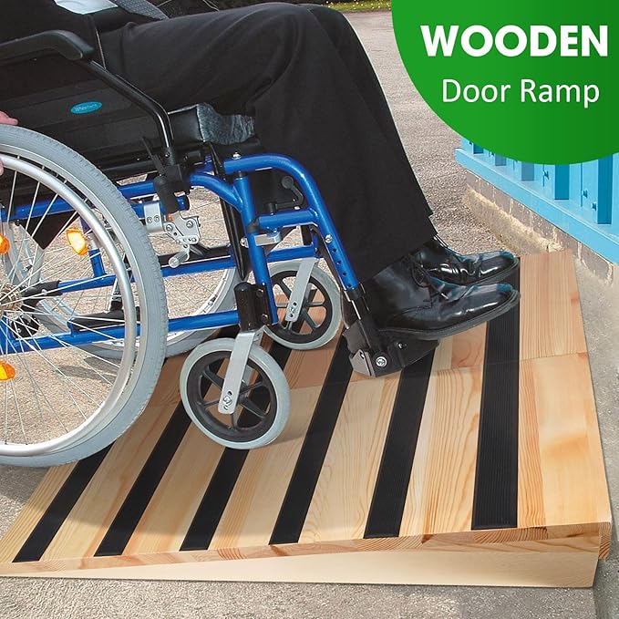 7" Rise Wooden Threshold Ramp for Home Steps, Door Ramp for Wheelchair/Walker/Cart/Scooter, Multipurpose Door Ramp with Non-Slip Stripes(35.4" W*7.0" H, Solid Wood, 800LBs Capacity)