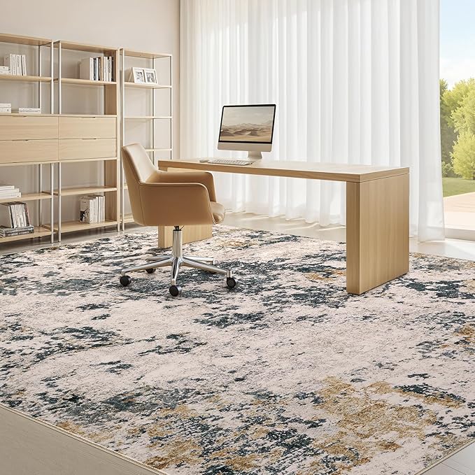 Area Rugs for Living Room: 6x9 Abstract Washable Rug Large Soft Stain Resistant Non-Slip Backing for Bedroom Dining Room Indoor Home Office Carpet for Kids Pet Friendly Families - Grey Gold