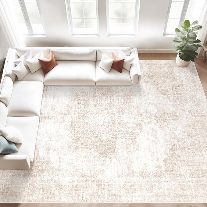 Area Rugs 8x10 Vintage Rug: Large Washable Living Room Rug Retro Medallion Distressed Rugs Soft Low Pile Non-Slip Indoor Floor Carpet for Bedroom Kitchen Nursery Dining Table Office (Beige/Brown)