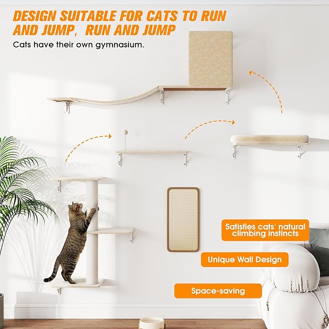 COZIWOW Cat Wall Shelves Set, 5-Piece Wall Mounted Cat Furniture with Cat Tree & Scratching Post, Floating Cat Perches for Indoor Cats（Beige）