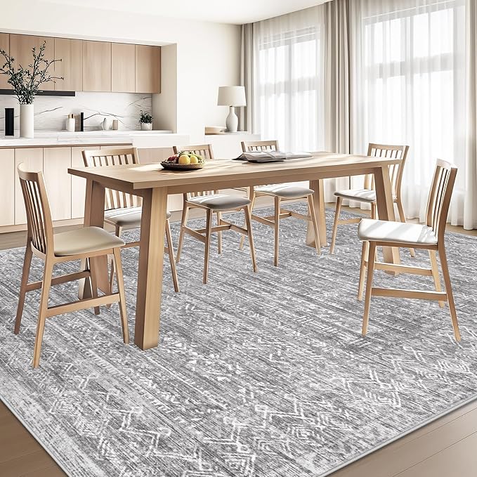 Washable Rug 9x12 Area Rugs: Modern Geometric Rugs for Living Room Non Slip Soft Low Pile Moroccan Indoor Carpet for Bedroom Nursery Dining Room Home Office (Grey, 9'x12')