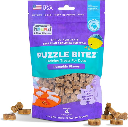 Outward Hound by Nina Ottosson Puzzle Bitez USA Made Dog Treats, Pumpkin Flavor, Bite-Sized Training Reward and Interactive Puzzle Toy Treats, 7.5oz