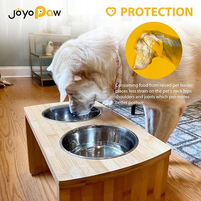 Elevated Dog Bowls, Bamboo Raised Dog Bowl for Large Dogs, with 2 Stainless Steel Bowls (13'' Tall-68oz Bowl, Natural)