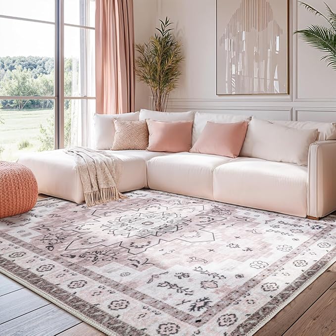 LBRO2M Boho 4X6 Rug Washable Rugs for Bedroom Non Slip Indoor Carpet, Soft Low Piles Rugs Pink Foldable Rug for Living Room Pet Friendly Area Rugs Stain Resistant (4'X6' Light Pink)