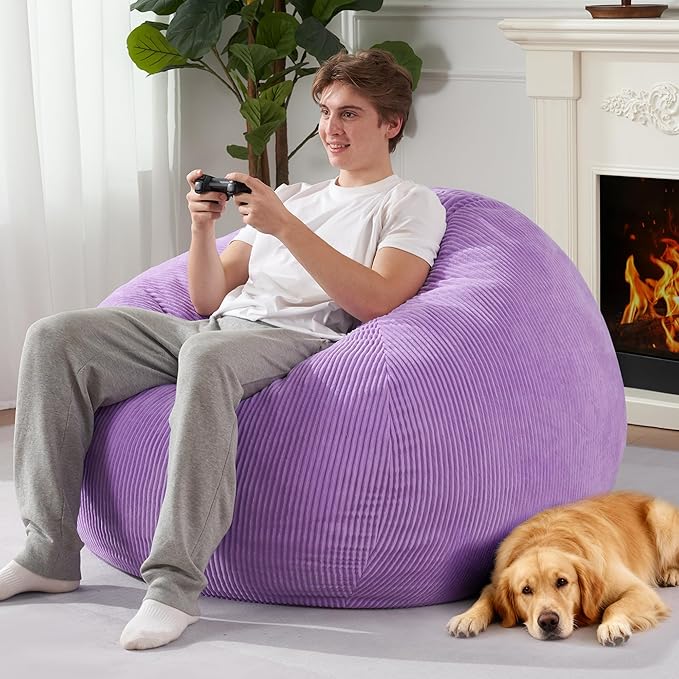 Homguava 5FT Bean Bag Chair for Adults,Teardrop Giant Bean Bags Big Beanbag Chair with Memory Foam Filled and Ultra Soft Removable Corduroy Cover for Living Room, Bedroom (Purple)