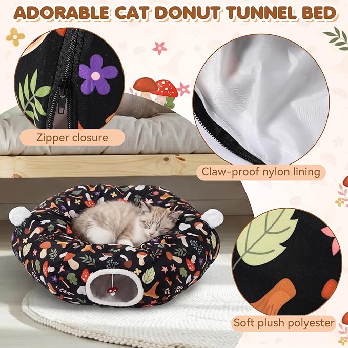 Aliceset Mushroom Spring Cat Tunnel Bed for Indoor Cats 3ft x 3ft x 10in Foldable Cat Donut Tunnel with Washable Cushion Mushroom Pet Peekaboo Cave Toy for Small Kitten Kitty