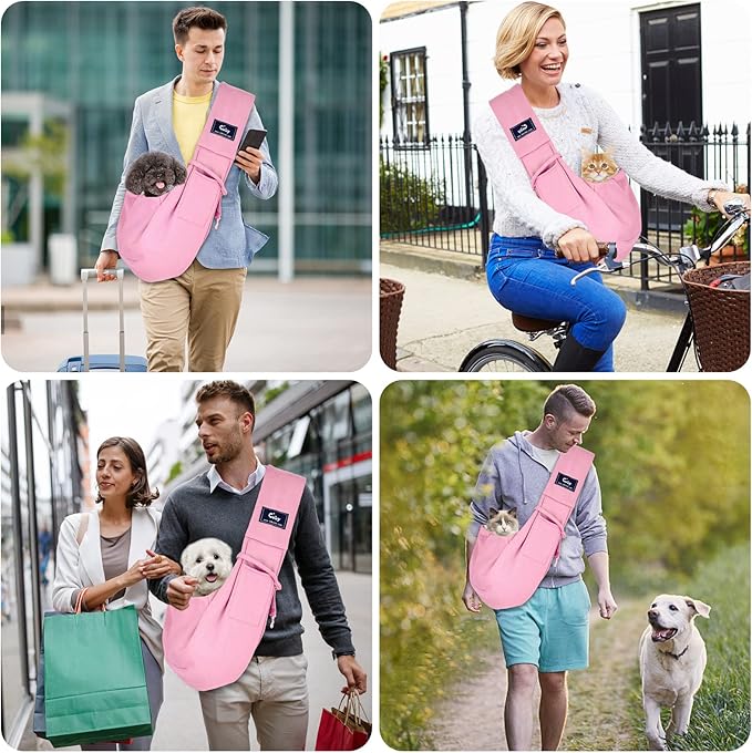 CUBY Dog and Cat Sling Carrier - Hands Free Reversible Pet Papoose Bag - Soft Pouch and Tote Design - Suitable for Puppy, Small Dogs Cats Outdoor (Pink, Unadjustable Strap)