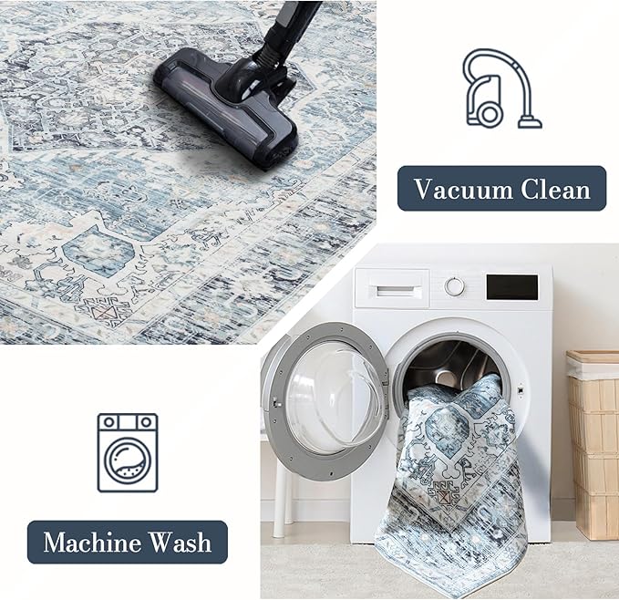 Area Rug 3횞5, Vintage Boho Rug,Ultra-Soft Low Pile, Washable, Non Slip,Stain Resistant Printed Carpet for Living Room Bedrooms Playroom Office Kitchen, Light Blue