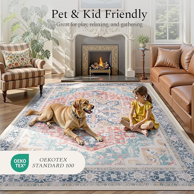 Rugflix 5x7 Area Rugs for Living Room, Machine Washable Rug Non Slip Stain Resistance, Large Rug Vintage Distressed Soft Carpet for Bedroom, Dining Room, Home Office, Blue Red