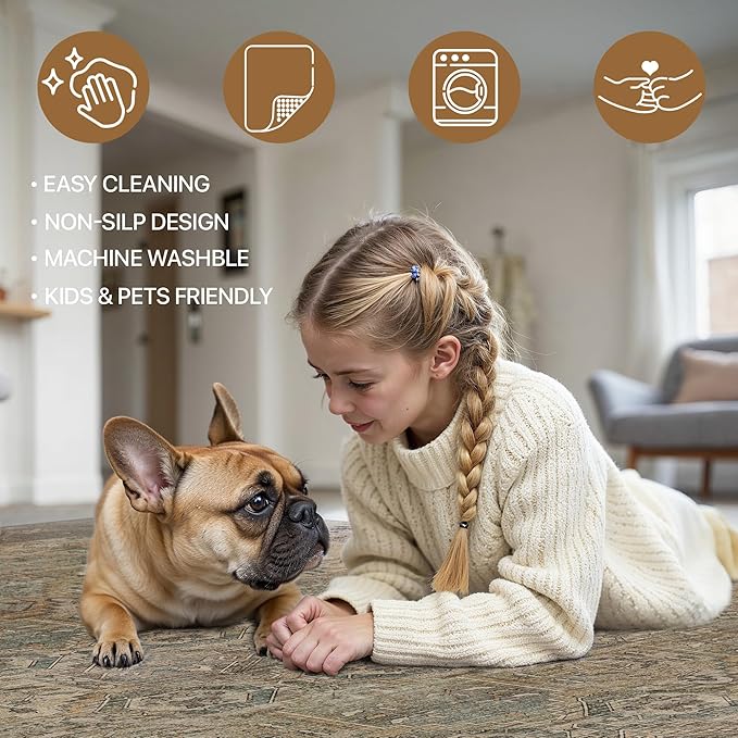Bavni Washable Rug 3x5 Area Rug for Living Room Bedroom Dining, Washable Vintage Print Carpet, Ultra-Thin Chenille Low Pile Lightweight Rug with Non Slip Backing, Warm Taupe