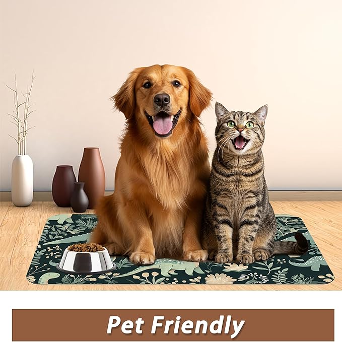 Cute Dinosaur Dog Cat Food Mat,Forest Absorbent Pet Feeding Mat with Rubber Backing,Non-Slip Water Bowl Placemat,Indoor Pet Accessories Supplies 12"x20"
