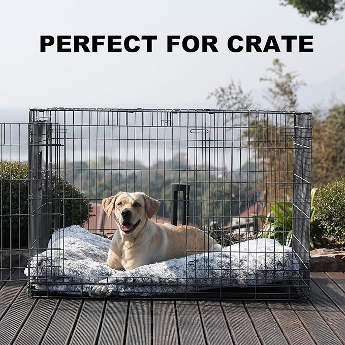 Bedfolks Waterproof Crate Bed, Plush Dog Kennel Pad with Removable Washable Cover, Faux Fur, Fluffy, 41"x27", Dark Grey