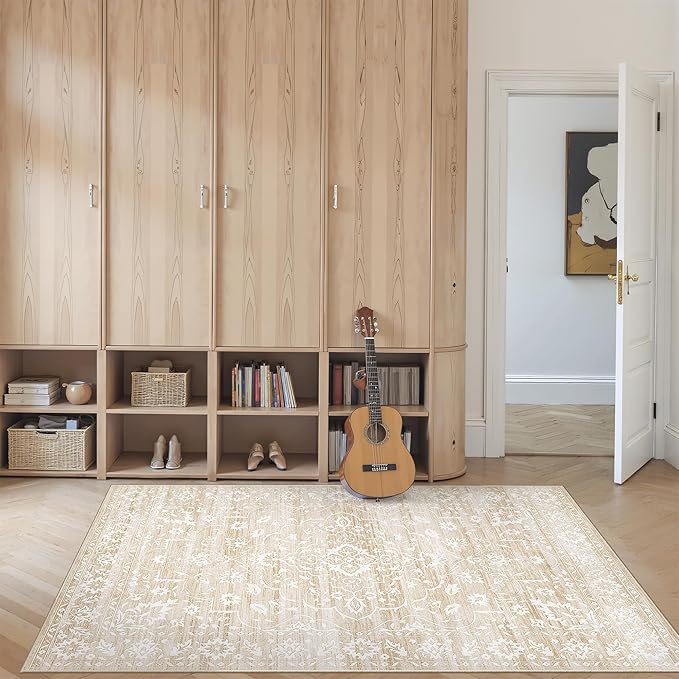 3x5 Area Rugs for Entryway,Washable Vintage Low Pile Non-Slip Throw Area Rugs, Accent Rug Floral Print Indoor Mat for Bedside Living Room Kitchen Bedroom Beige