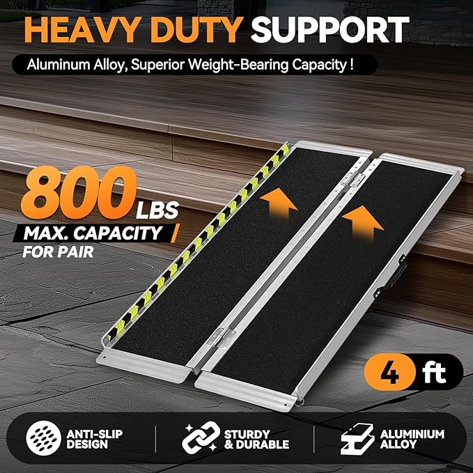 Auto Dynasty Wheelchair Ramp 4FT, Portable Folding Aluminum Wheel Chair Threshold Ramps for Home Steps Doorways, 800Lbs Capacity, 29Inch Width, Metallic/Black