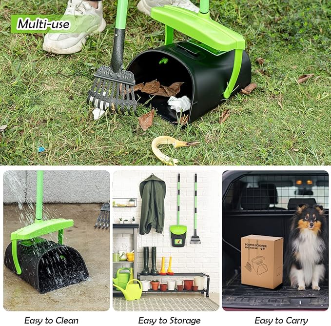 MXF Pooper Scooper Swivel Bin & Rake Kit with 20 Waste Bags, 36.6" Long Handle Adjustable Portable Non-Breakable Dog Pooper Scooper for Large Medium Small Dogs, Poop Scooper for Lawn Yard Dog Kennel