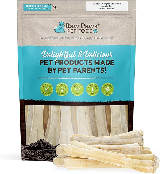 Raw Paws Compressed Rawhide Bones for Dogs, 8-inch, 2-Count - Packed in USA - Long Lasting Dog Chews - Natural Pressed Rawhides - Rawhide for Large Dogs - Bones for Aggressive Chewers