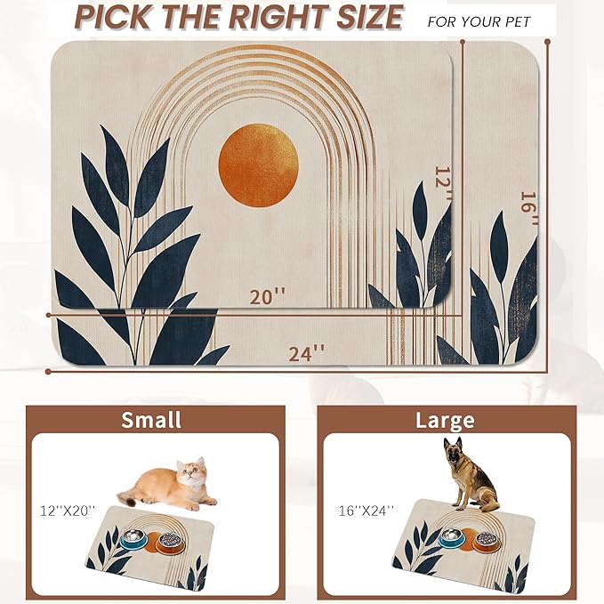 Sun Boho Leaf Dog Cat Food Mat,Absorbent Pet Feeding Mat for Food and Water,Non-Slip Dog Bowl Mats Floor Protector 12"x20"