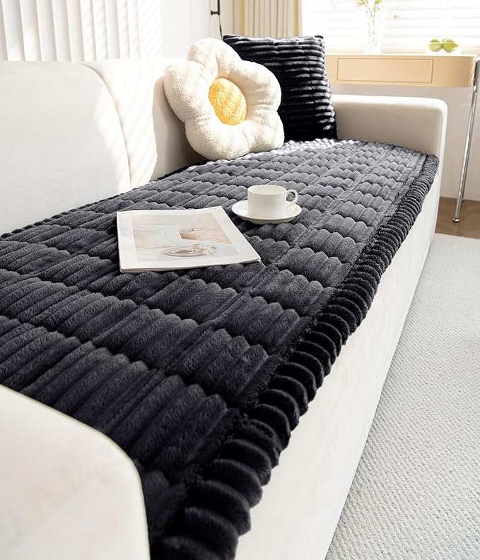 Faux Fur Plush Dog Couch Cover 3D Stripe Fuzzy Sofa Cover Non-Slip Fluffy Dog Bed Cover Pet Blanket Sofa Couch Furniture Protector for Puppy Large Dog Cat (Black,28"x28")