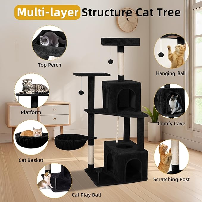 Cat Tree 54-Inch Cat Tower with Padded Plush Perch 2 Comfy Caves, Scratching Posts, Basket, 2 Pompoms, Multi-Level Plush Cat Condo for Indoor Cats Kittens, Black