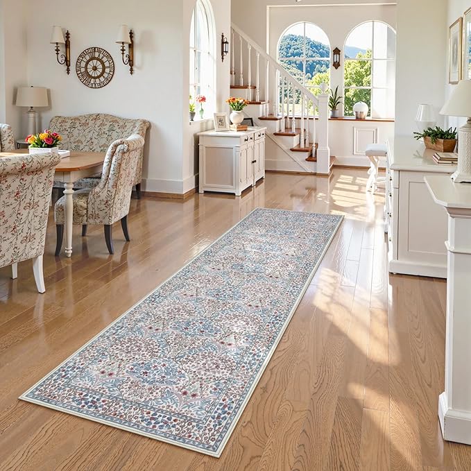 Lahome Floral Washable Kitchen Runner Rug, 2x6 Runners for Hallways Non Slip Ultra-Thin, Boho Soft Hallway Rug Forest Carpet Runners for Bedroom Bathroom Laundry Room, Beige/Blue